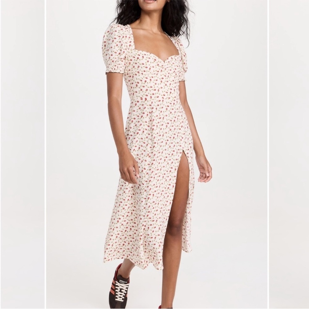 Floral Puff-Sleeve Midi Dress in Cream with Pink Print